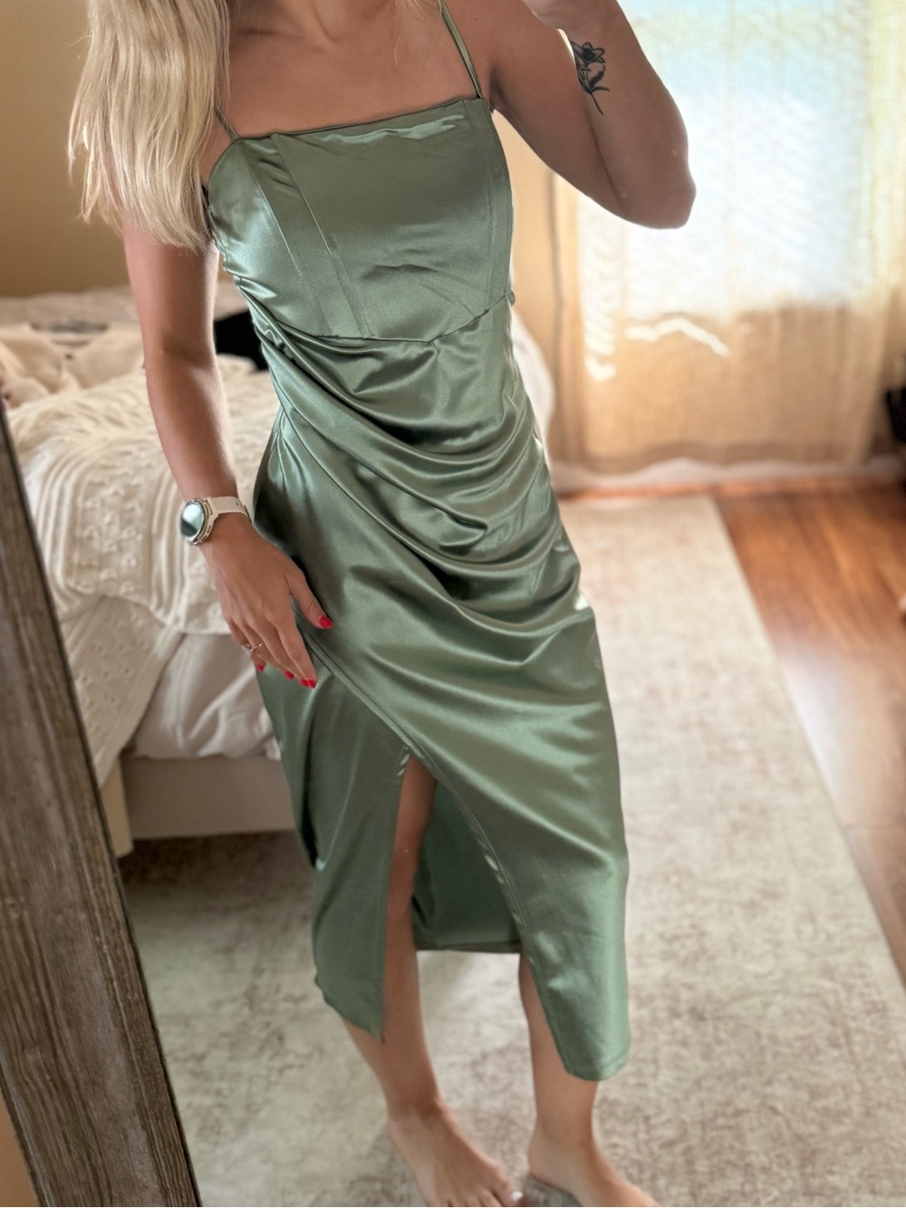 Windsor Olive Satin Midi Dress with Side Slit